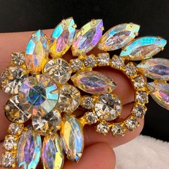 Vintage Aurora Borealis Rhinestone Brooch Gold Tone Mega Sparkle