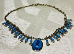 Vintage Turquoise Blue Cabachon Necklace Southwestern Style Fringe Dangle 16”