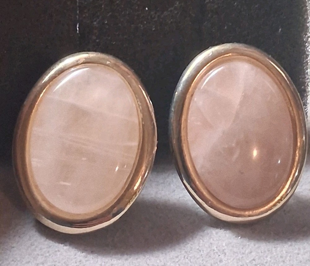 Rose quartz oval cabochon gold plated vintage earrings