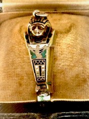 ANTIQUE EGYPTIAN REVIVAL SILVER,ENAMEL SARCOPHAGUS & MOMMY CHARM OPEN PENDANT