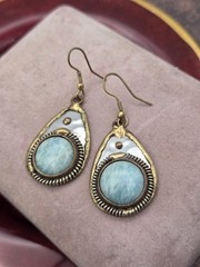 Vintage Larimar Earrings Mixed Metals Stone Cab Dangles 1.5″