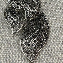 Vintage Brooch Marcasite Silver Tone Bow or Leaf