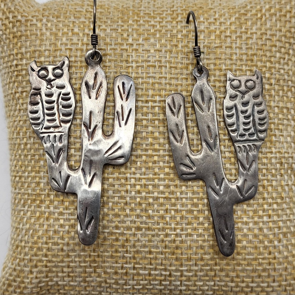 Beautiful Sterling Silver Earrings Southwest Artisan Signed Owl Cactus