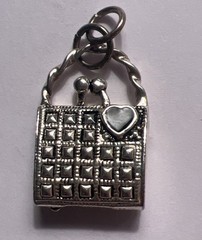 VTG Mini Purse Pendant Silver-Tone HandBag Charm Black Enamel HEART FILIGREE
