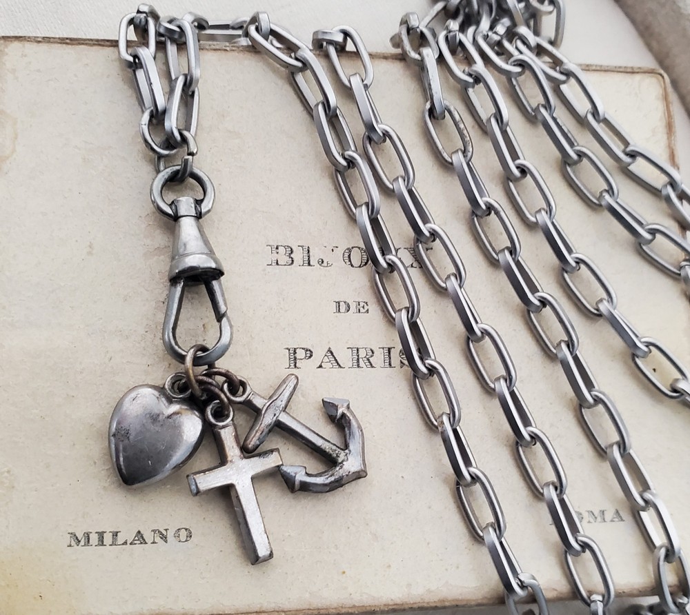 Antique Victorian Love Faith Hope Fob Charm Watch Chain 33″ Necklace Dog Clip