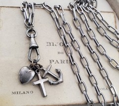 Antique Victorian Love Faith Hope Fob Charm Watch Chain 33″ Necklace Dog Clip