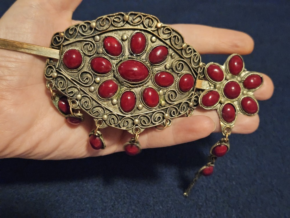 Vintage Central Asian Ethnic Hair Stick Pin Brooch Handcrafted Metal Red Glass