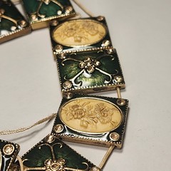Vintage 1930s Guilloché Enamel Celluloid Cameo Panel Bracelet Art Deco Green