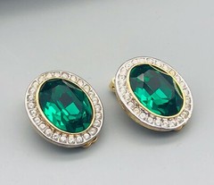 Vintage Real Look Large Emerald Green & Rhinestones Oval Chunky Earrings