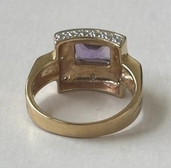 Vintage Cocktail Ring Square Shape Amethyst & Clear Crystals Gold Metal Size 9