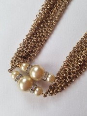 Vintage 54″ Multi Chain Necklace Faux Champagne Pearls Rhinestones Germany