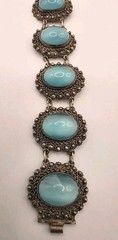 Antique Solid Sterling Silver 950 Ornate Light Blue Glass Moonstone Bracelet