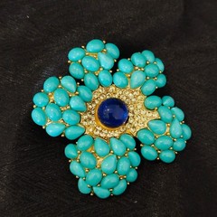 Vintage Trifari Turquoise Flower Brooch & Earrings Set Gold Tone VTG