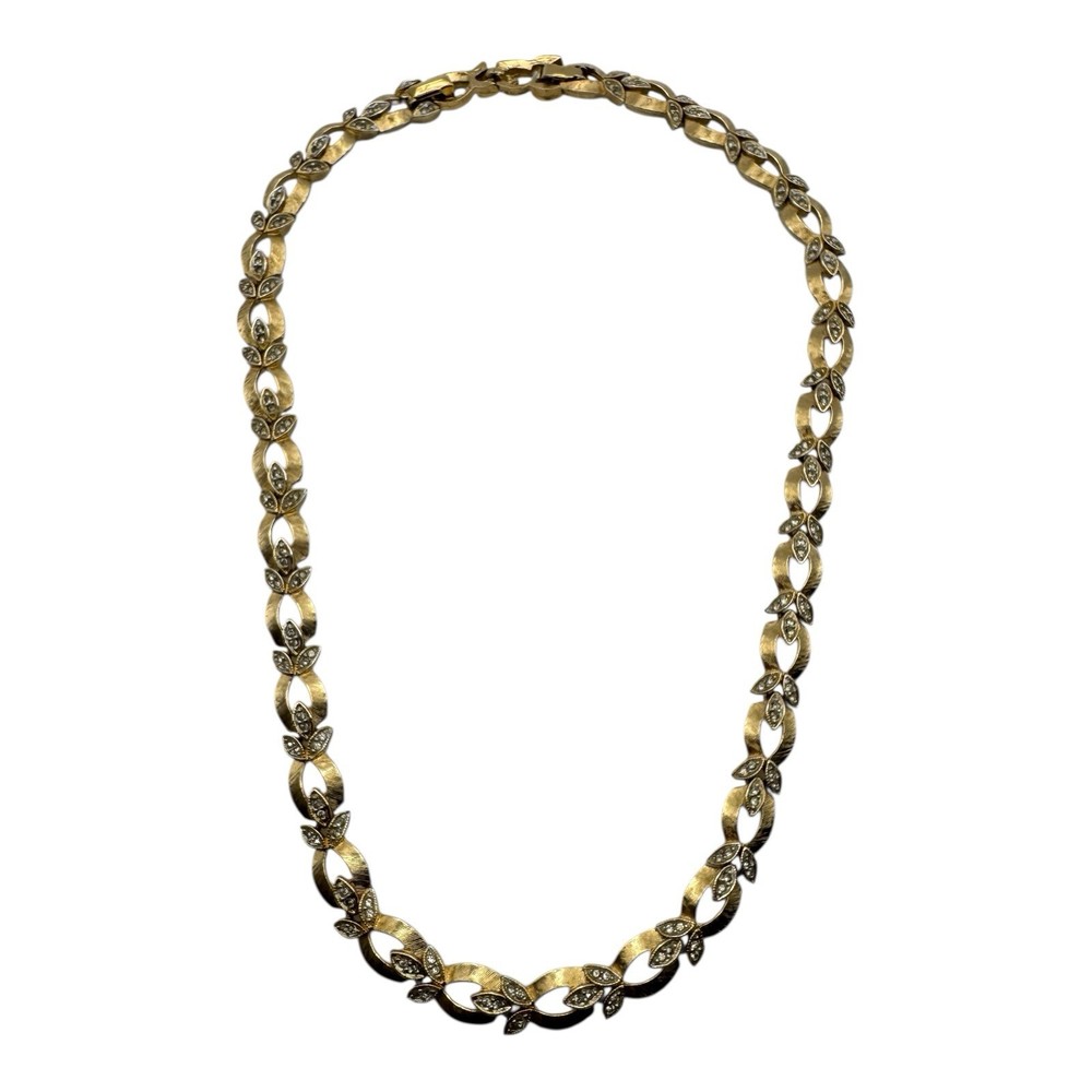Vintage Gold-Tone Leaf Link Necklace with Rhinestones – Signed “4044”