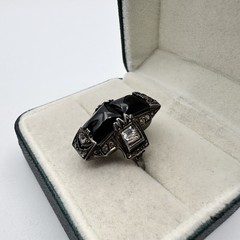 Vintage Art Deco Sterling Silver Marcasite Black Onyx Ring Size 5.25 READ