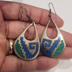 Vintage Alpaca Mexico Blue Green Crushed Stone Inlay Teardrop Earrings Geometric