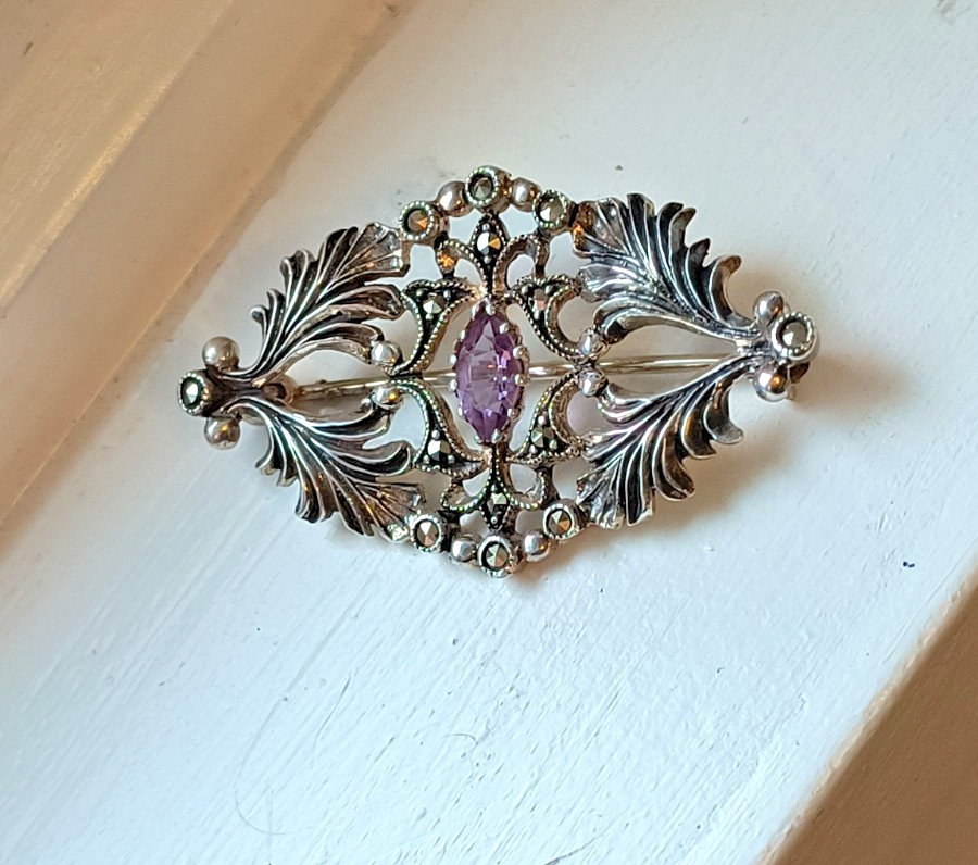 Art Deco Amethyst & Sterling Silver Vintage Brooch, Marcasites, ANtique Style