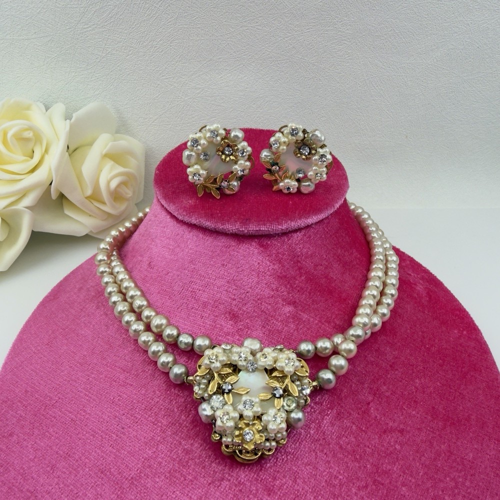 1950s Vintage Faux Pearl RHINESTONE Gold Filigree Bridal Set Earrings & Necklace