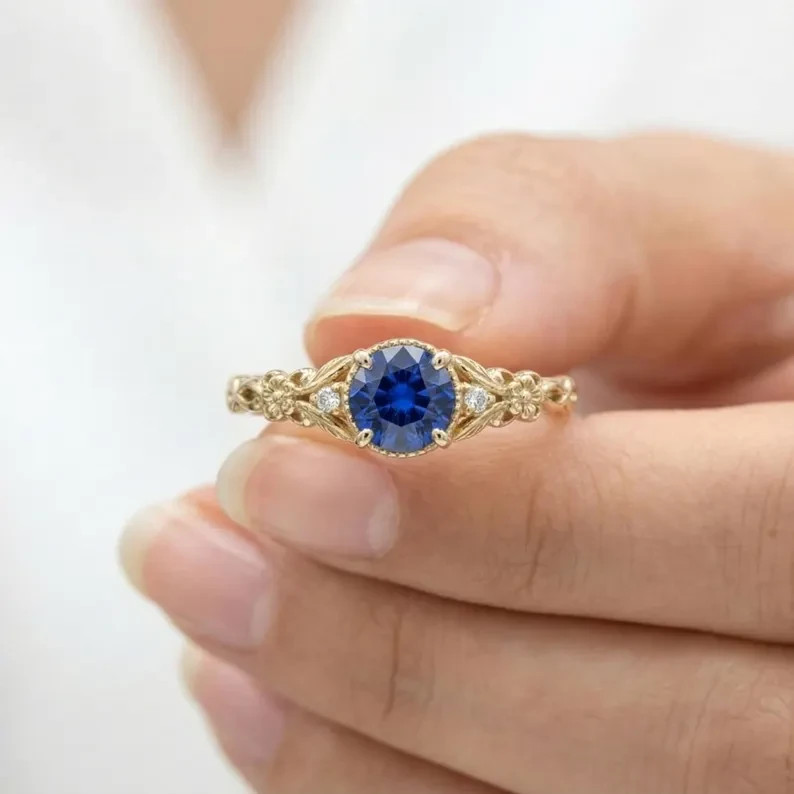 Vintage Wedding Ring for Her 14k Yellow Gold Plated Round Lab Created Sapphire