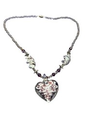 Vtg Artisan Art Glass Heart Pendant Necklace Seed Beads Purple White Silvertone