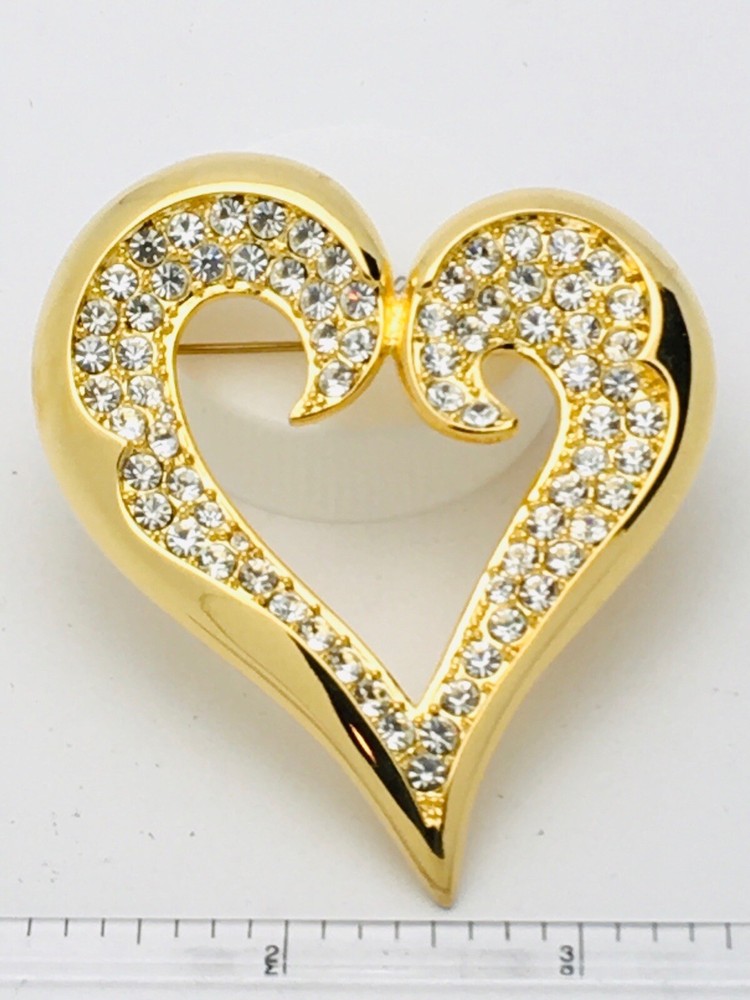 Signed Lady Remington Vintage Polish GoldT BigCutout Heart Pave Crystals Brooch
