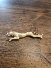 Vtg Jackie Collins Panther Green Jewel Eyes Cat Pin 3¾” Brushed Gold Tone Brooch