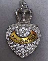 Vintage Juicy Couture puffy heart & crown pendant, Pave set rhinestones, silver