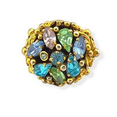 Vintage Signed Barclay Uranium Glass Ring Pastel Rhinestone Cluster Adjustable