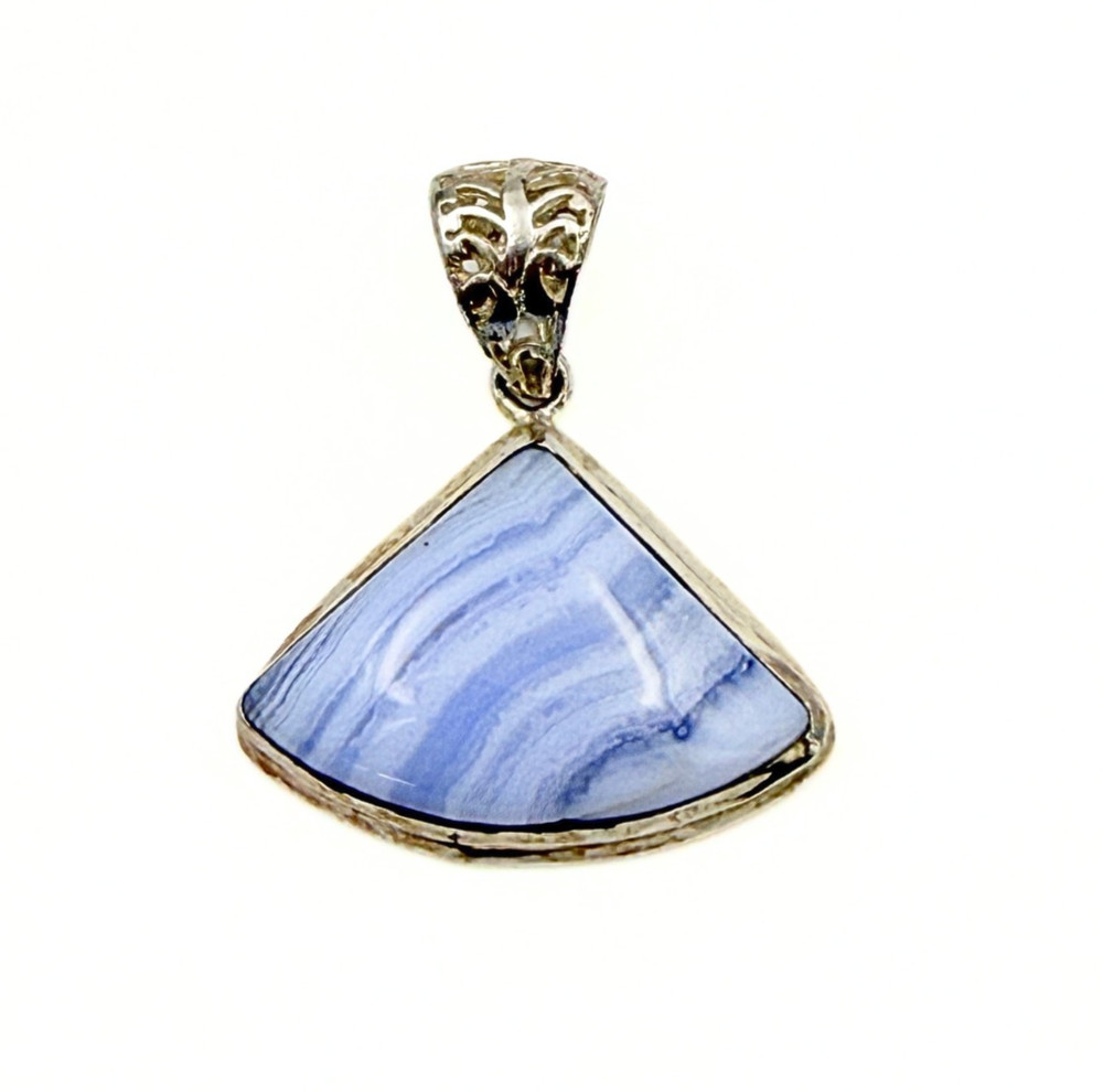 Vintage Blue Lace Agate Nickel Silver Triangular Fan Filigree Accent Pendant