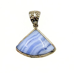 Vintage Blue Lace Agate Nickel Silver Triangular Fan Filigree Accent Pendant