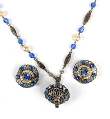 WEST GERMANY Pendant/Necklace Earring Set Blue AB Rhinestone Faux Pearls 1950s