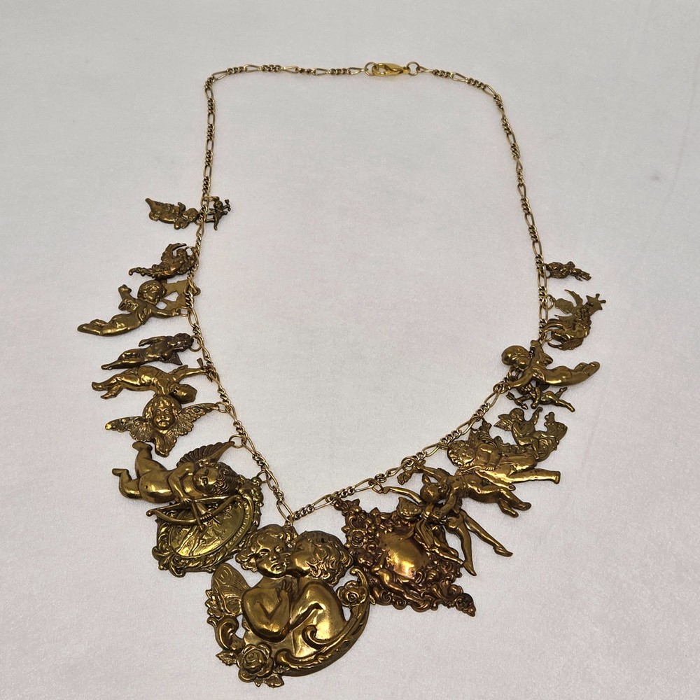 VINTAGE BRASS CHAIN NECKLACE W/21 LOVE CHARMS CUPIDS ANGELS FAIRIES