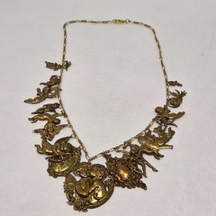 VINTAGE BRASS CHAIN NECKLACE W/21 LOVE CHARMS CUPIDS ANGELS FAIRIES