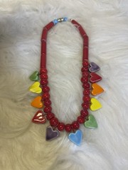 Vintage Flying Colors Ceramic Rainbow Heart Necklace 16” Pride Red Beads