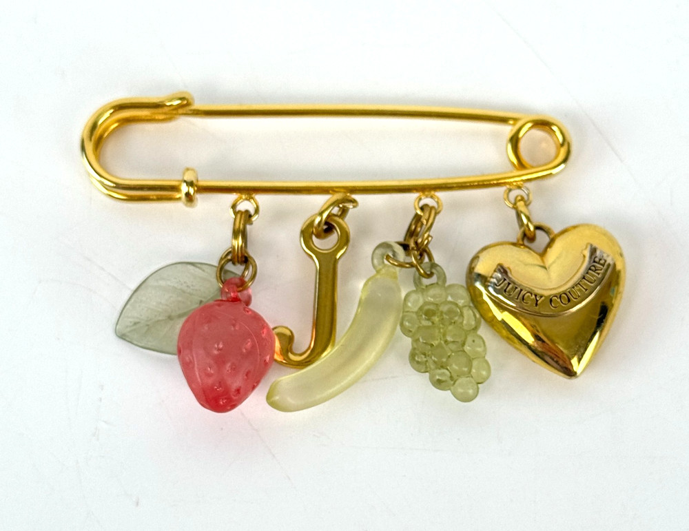 Juicy Couture Stamped Gold Tone Safety Pin Brooch Pin Fruit J Heart Charms Auth