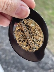 Vintage Bakelite Brooch Irregular Shape Rhinestones Gold Tone Czech Large