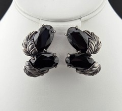 Vintage Signed Schiaparelli Black Glass Leaf Clip-On Earrings Rhodium Plated