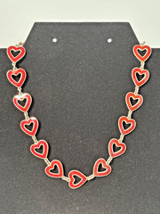 VINTAGE DANISH MEKA STERLING SILVER & RED ENAMEL HEART LINK NECKLACE