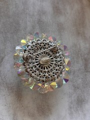 Vintage Signed VENDOME Aurora Borealis AB Rhinestone Dome Brooch Silver Tone