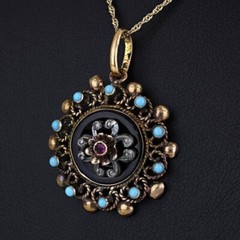 Antique Victorian 19k Yellow Gold Onyx + Ruby + Turquoise Pendant (c. 1870)