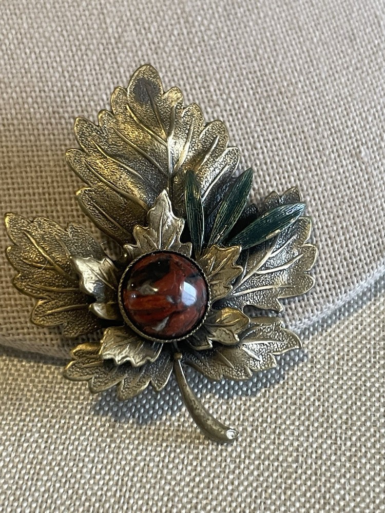 Vintage Cut Copper Leaf Brooch Red Jasper Cabochon Oak Pine Nature Pin Layered