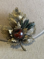 Vintage Cut Copper Leaf Brooch Red Jasper Cabochon Oak Pine Nature Pin Layered