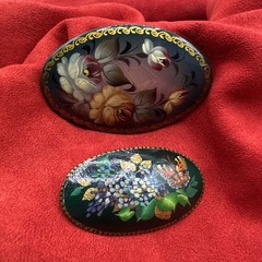 Set of Two Vintage Handpainted Russian Brooches. Signed. See pics.