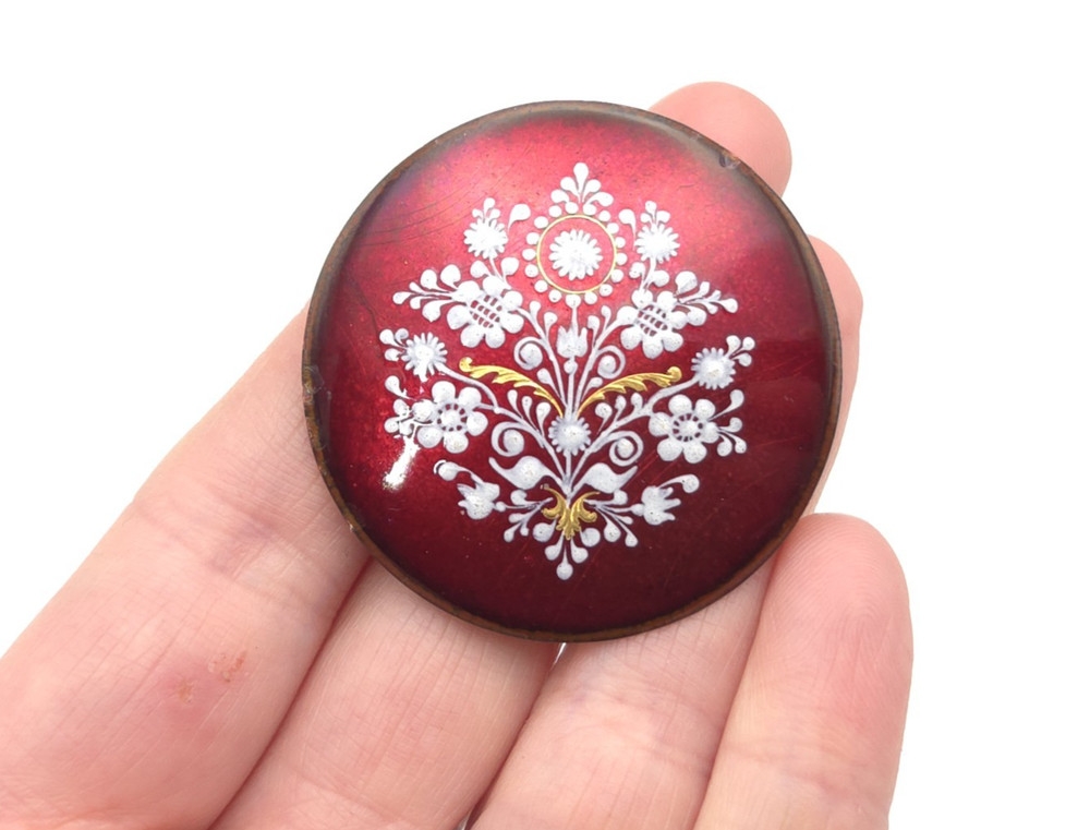 Vintage Signed Eva Scherer Wien Austria Enamel Copper Folk Floral Red Brooch Pin