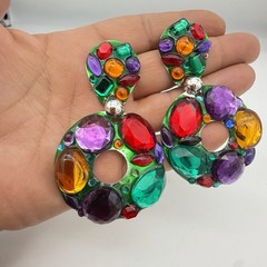 VTG Runway Chunky Earrings Statement Dangle Cabochon Colorful 80s Statement