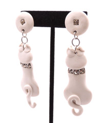 White Cat Kitty Earrings READ Vintage 80s Clay Ceramic Rhinestone Dangle Clip-On