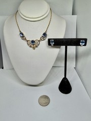 Vintage MCM Van Dell Gold Filled Blue Rectangle Crystal Necklace & Earrings Set