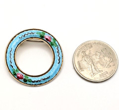 Vintage Enamel Brooch Beautiful Ring Style Blue with Pink Flowers