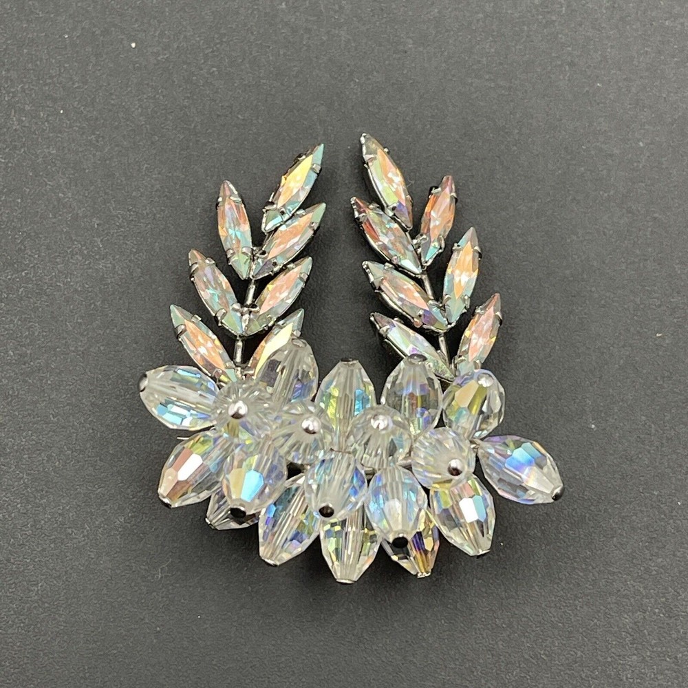 VTG AB Aurora Borealis Crystals Rhinestones 3D Cluster Leaf Brooch Pin Rhodium