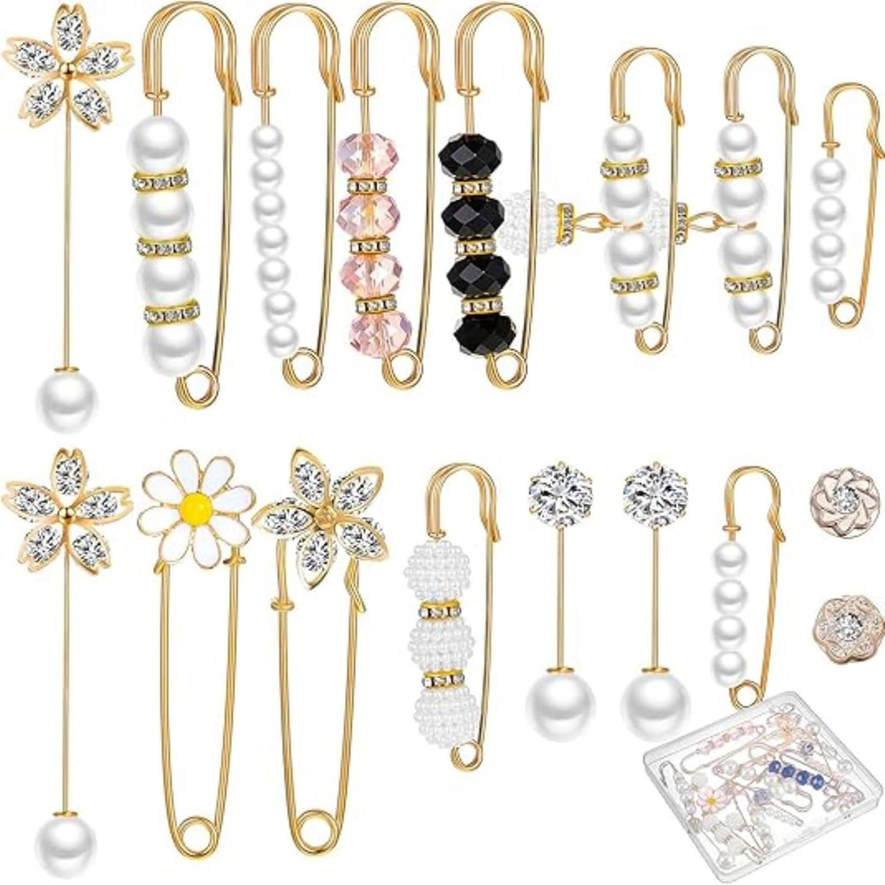 17 Pieces Pearl Brooch Pins Sweater Shawl Clips Faux Pearl Rhinestones Collar…
